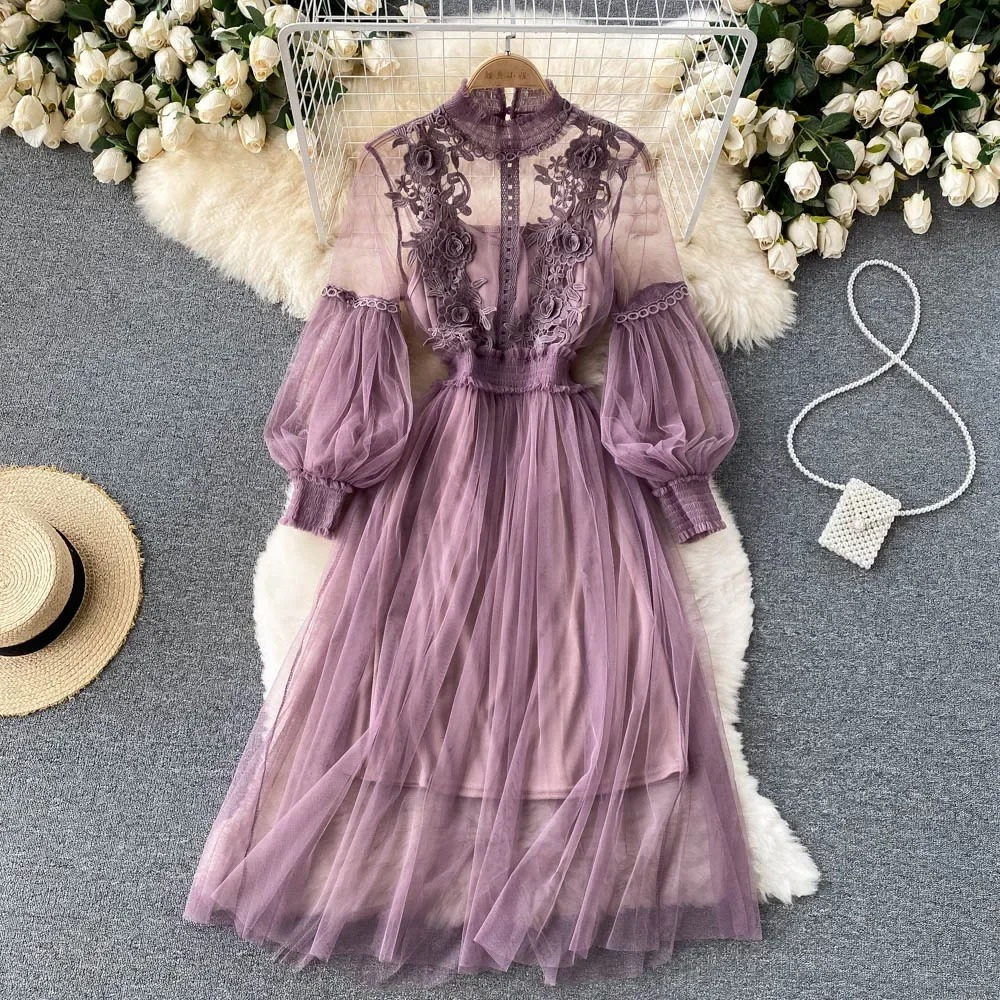 Dress for women - High collar - Lace & embroidery - Long puff sleeves - Tulle skirt