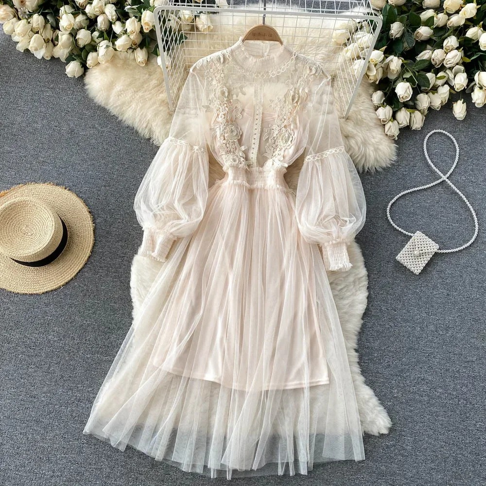 Lace Embroidered Tulle Puff Sleeve Dress