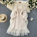 Dress for women - High collar - Lace & embroidery - Long puff sleeves - Tulle skirt