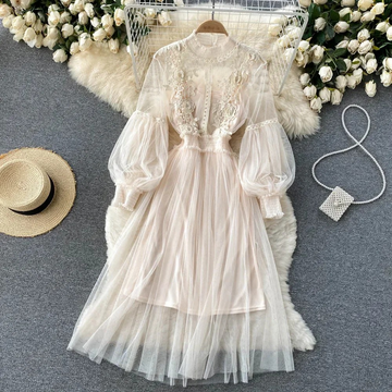 Lace Embroidered Tulle Puff Sleeve Dress