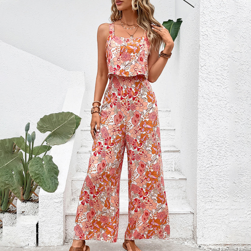 Women's Jumpsuit - Sleeveless Floral Print - Loose Fit - Lightweight and Breathable