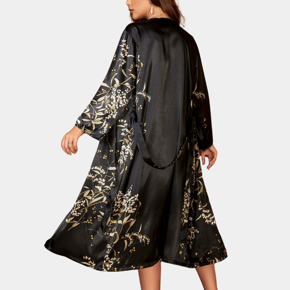 Kvinder Natkjole Sæt - Satin Look - Ærmeløs Kjole & Lang Kimono - Elegant Blomstermønster