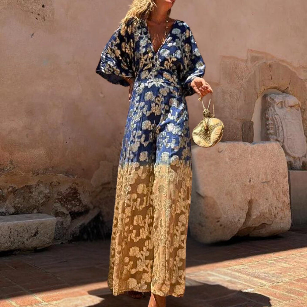Women's Maxi Dress - Loose Fit - V-Neck - Kimono Sleeves - Light and Elegant