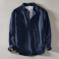 Men's Shirt - Long-Sleeved Henley with Mandarin Collar - Breathable Cotton Linen Mix