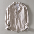 Men's Shirt - Long-Sleeved Henley with Mandarin Collar - Breathable Cotton Linen Mix