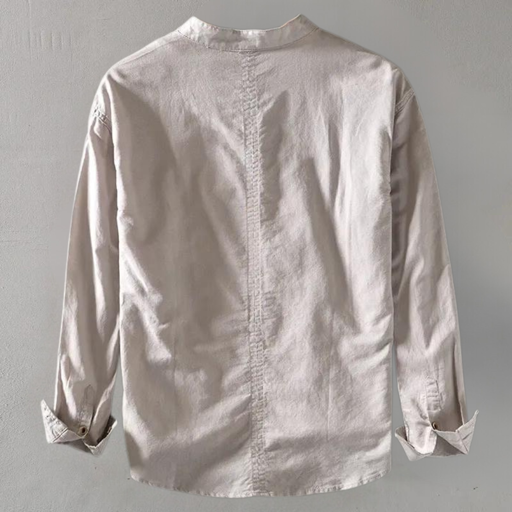 Men's Shirt - Long-Sleeved Henley with Mandarin Collar - Breathable Cotton Linen Mix