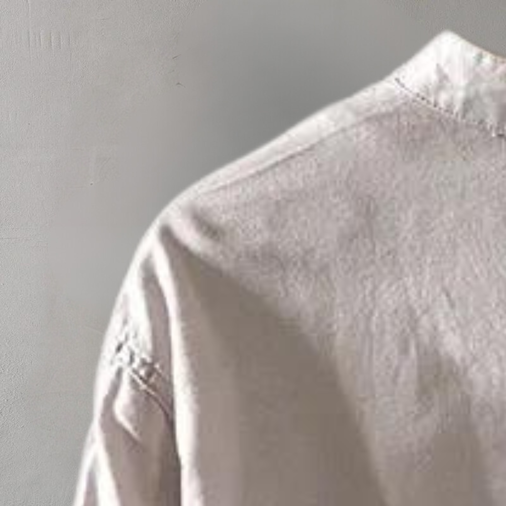 Men's Shirt - Long-Sleeved Henley with Mandarin Collar - Breathable Cotton Linen Mix