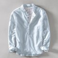 Men's Shirt - Long-Sleeved Henley with Mandarin Collar - Breathable Cotton Linen Mix