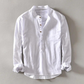 Men's Shirt - Long-Sleeved Henley with Mandarin Collar - Breathable Cotton Linen Mix