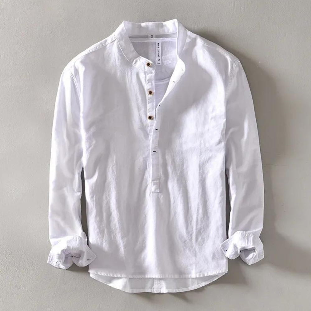 Men's Shirt - Long-Sleeved Henley with Mandarin Collar - Breathable Cotton Linen Mix