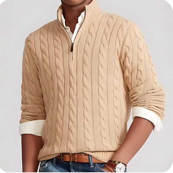 Men’s Sweater - Cotton Blend - Cable Knit - Half-Zip - Stand-Up Collar