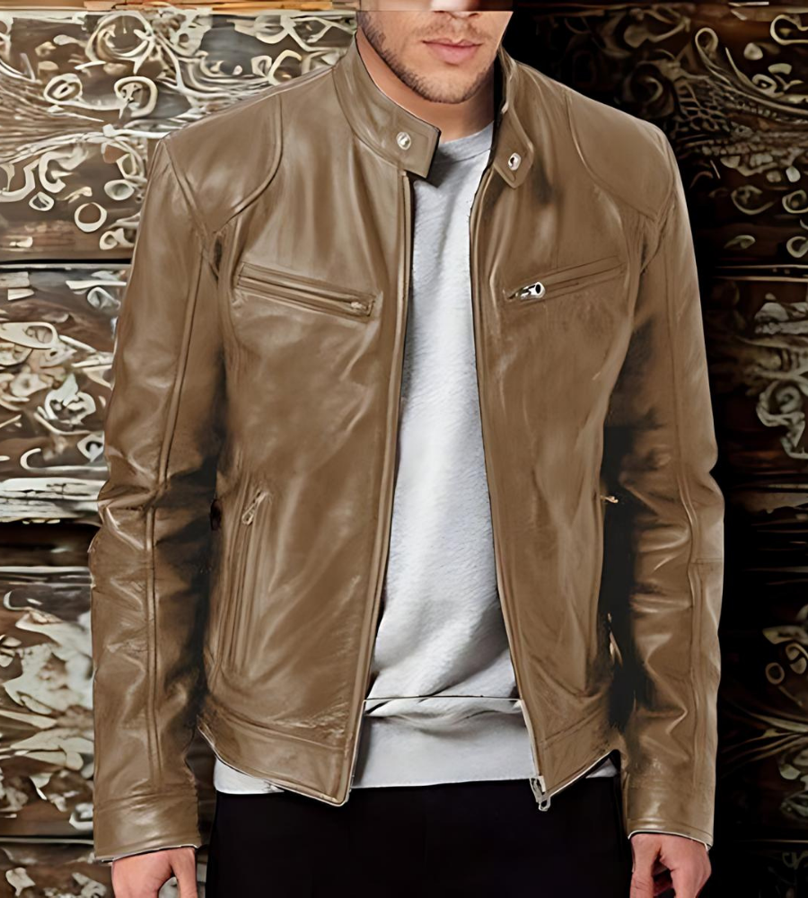 Slim Fit Leather Stand Collar Jacket