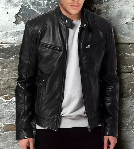 Men’s Jacket - Leather - Slim Fit - Stand Collar - Quilted Shoulders
