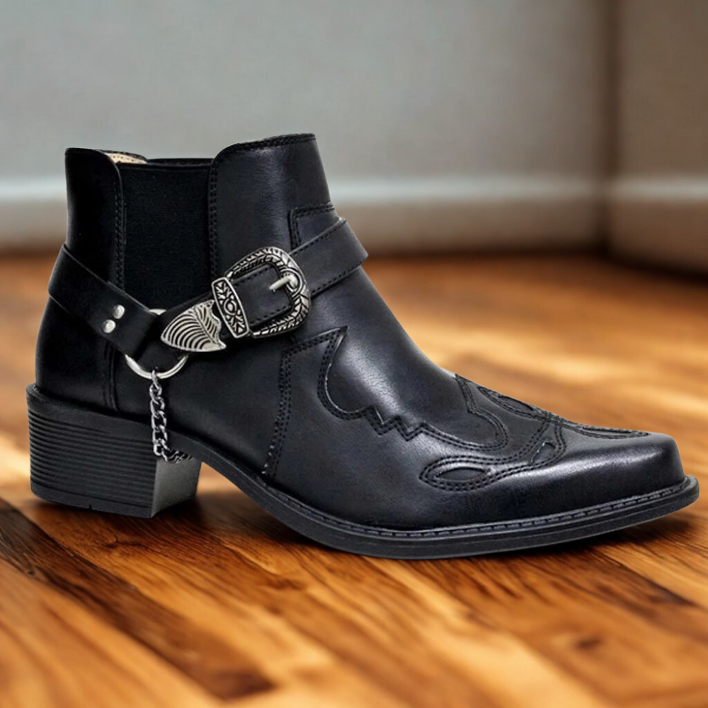 Faux Leather Pointed Toe Block Heel Ankle Boot