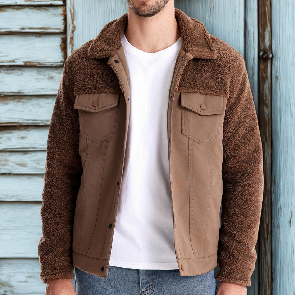 Mixed Material Hip Length Point Collar Jacket