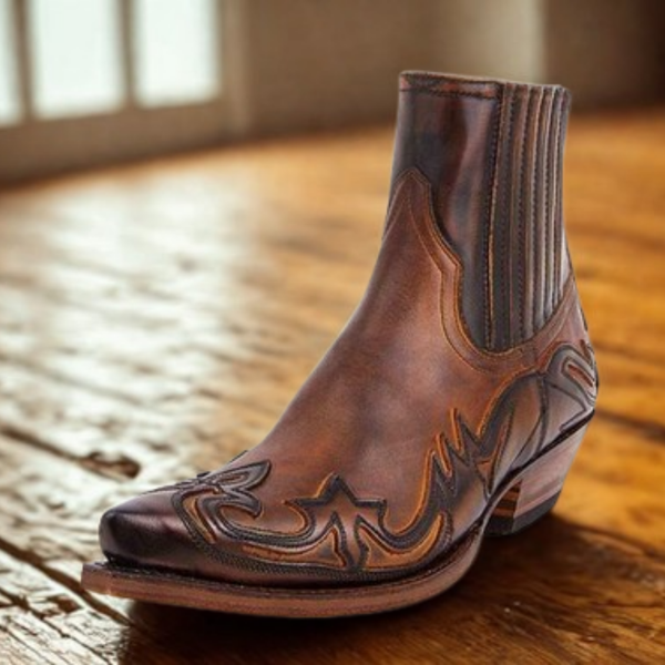 Men’s Ankle Boot - Leather - Pointed Toe - Low Stacked Heel - Elastic Side Panels