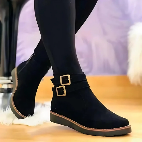 Women’s Ankle Boots - Suede-Like - Double Buckle Straps - Low Heel