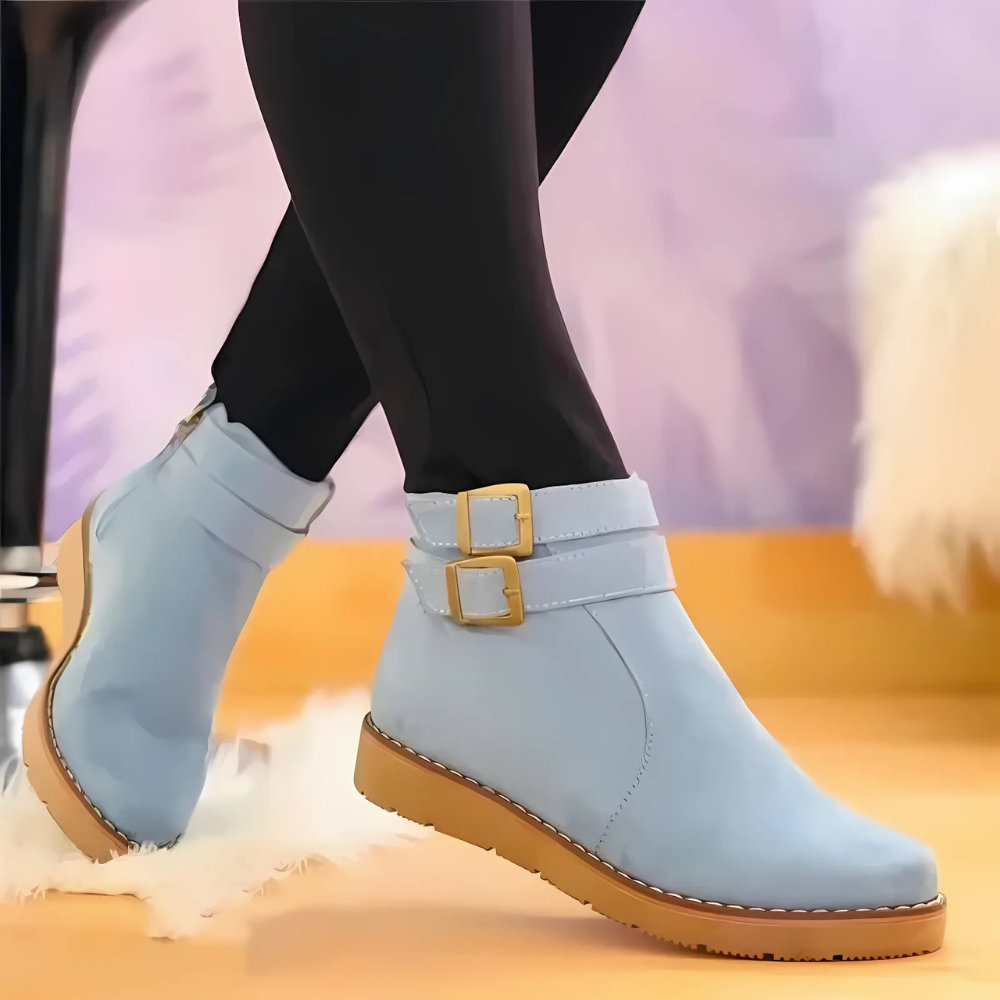 Suede-Like Low Heel Double Buckle Ankle Boots
