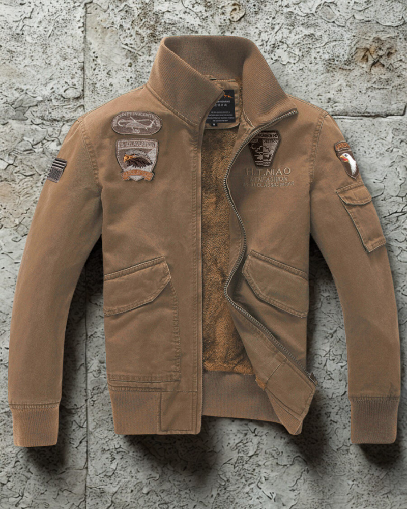 Plush Lined Embroidered Slim Fit Bomber Jacket
