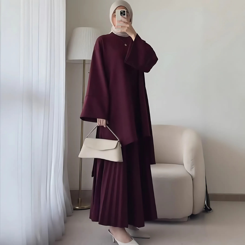 Two-Piece Mock Neck Bell Sleeve Pleated Skirt Suit Set