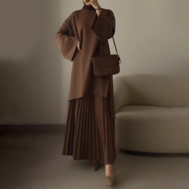 Two-Piece Mock Neck Bell Sleeve Pleated Skirt Suit Set