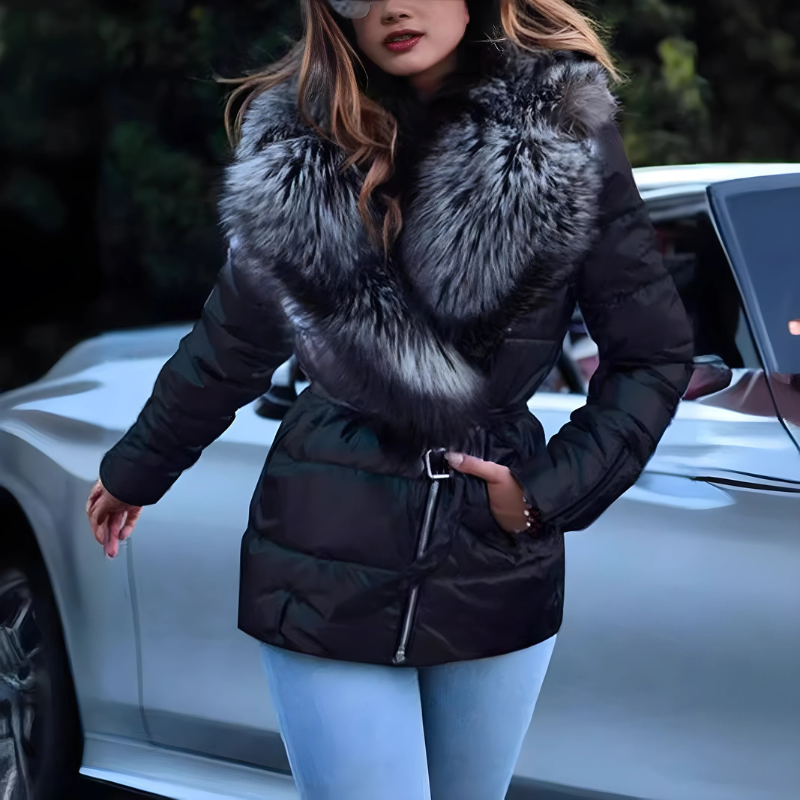 Belted Faux Fur Collar Quilted Jacket