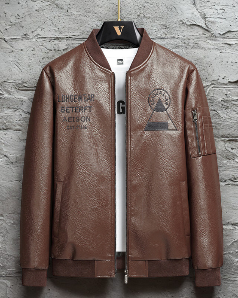 Embroidered Faux Leather Bomber Jacket