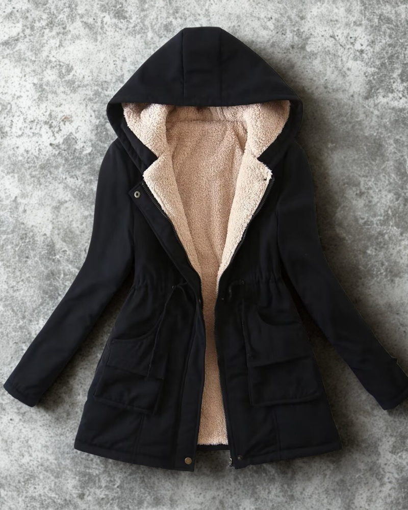 Plush Lined Hooded Drawstring Waist Parka Jacket