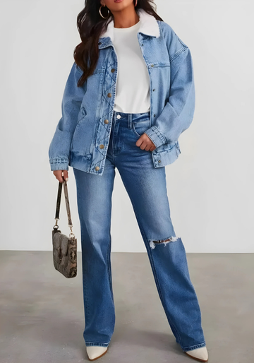 Faux Fur Collar Oversized Denim Jacket