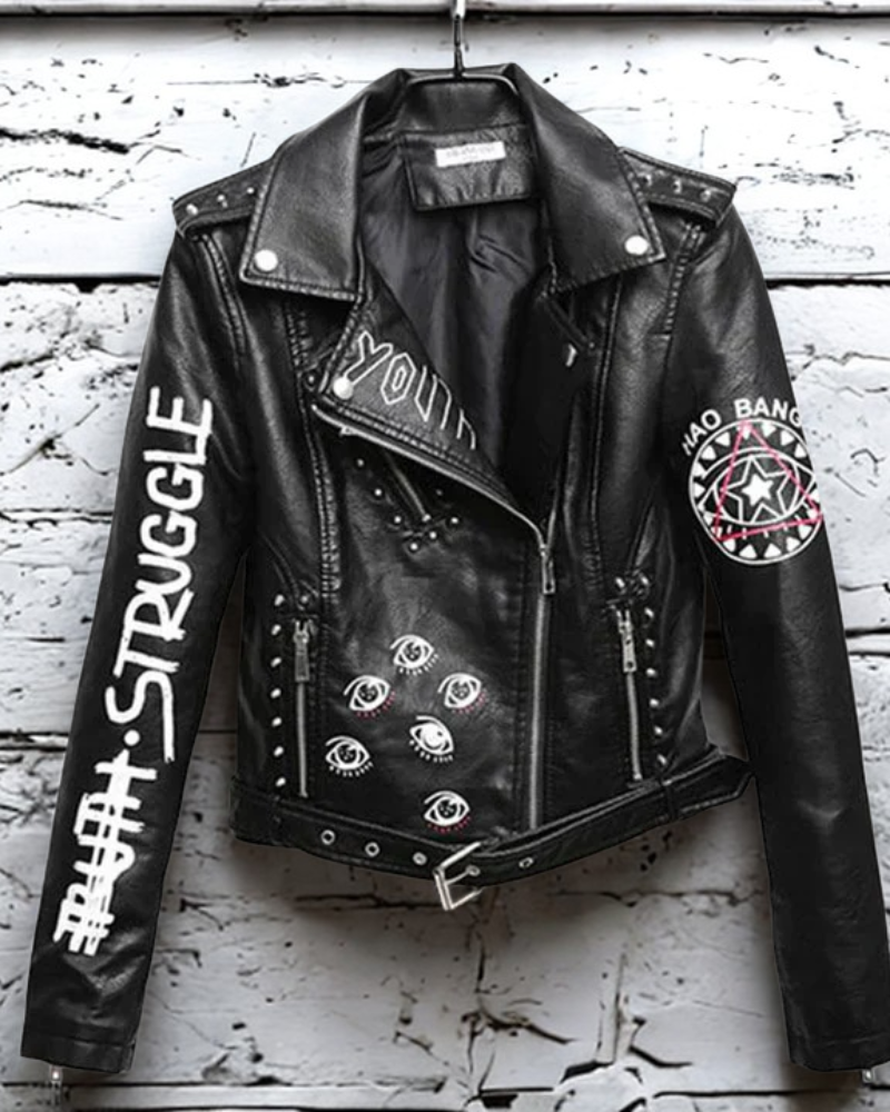 Graphic Sleeves Rivet Detail Motorcycle Jacket