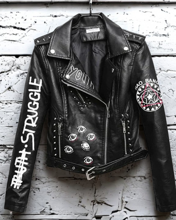 Graphic Sleeves Rivet Detail Motorcycle Jacket