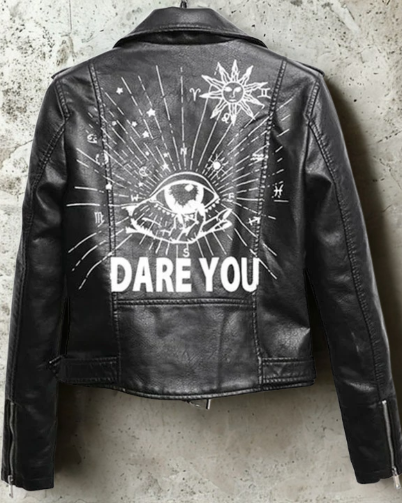 Graphic Sleeves Rivet Detail Motorcycle Jacket