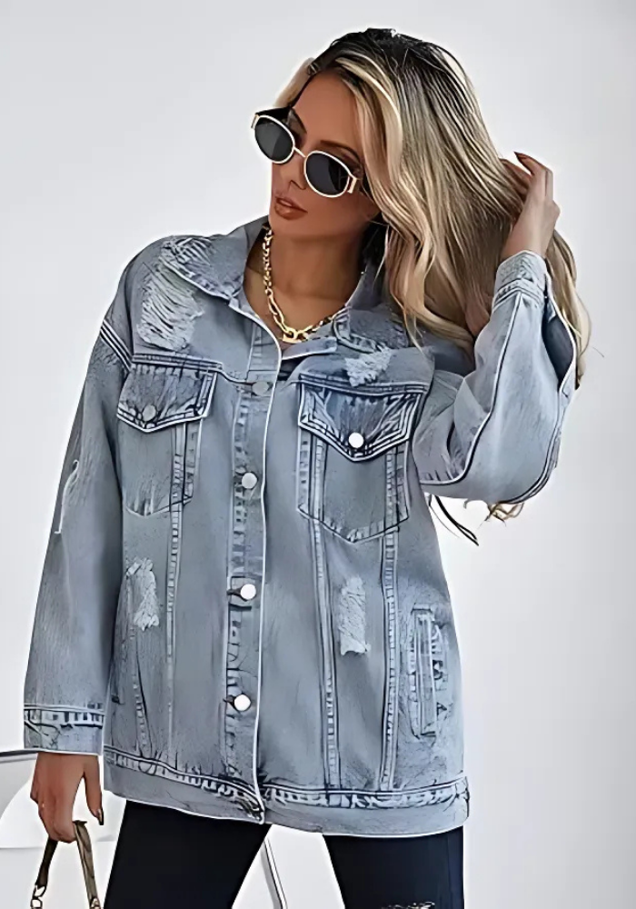 Oversized Distressed Ripped Denim Jacket
