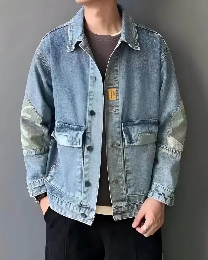 Camouflage Patchwork Oversized Denim Jacket