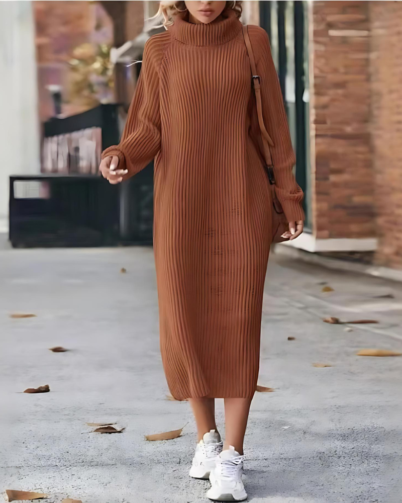Ribbed Knit Turtleneck Long Sleeve Midi Dress