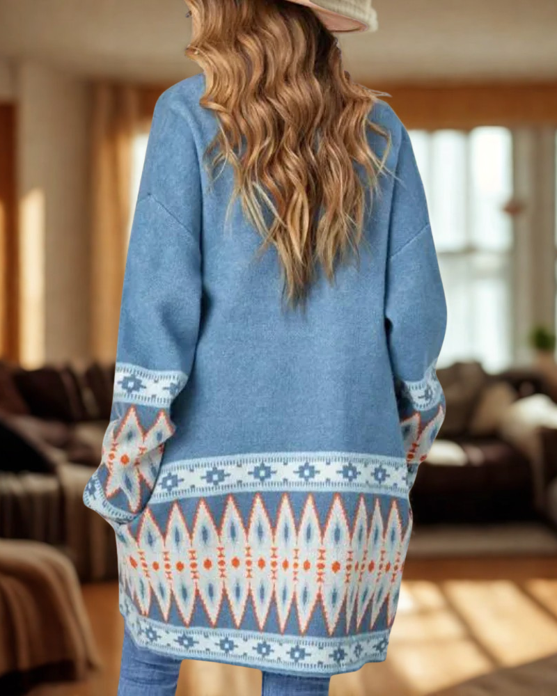 Knit Blend Longline Geometric Tribal Cardigan