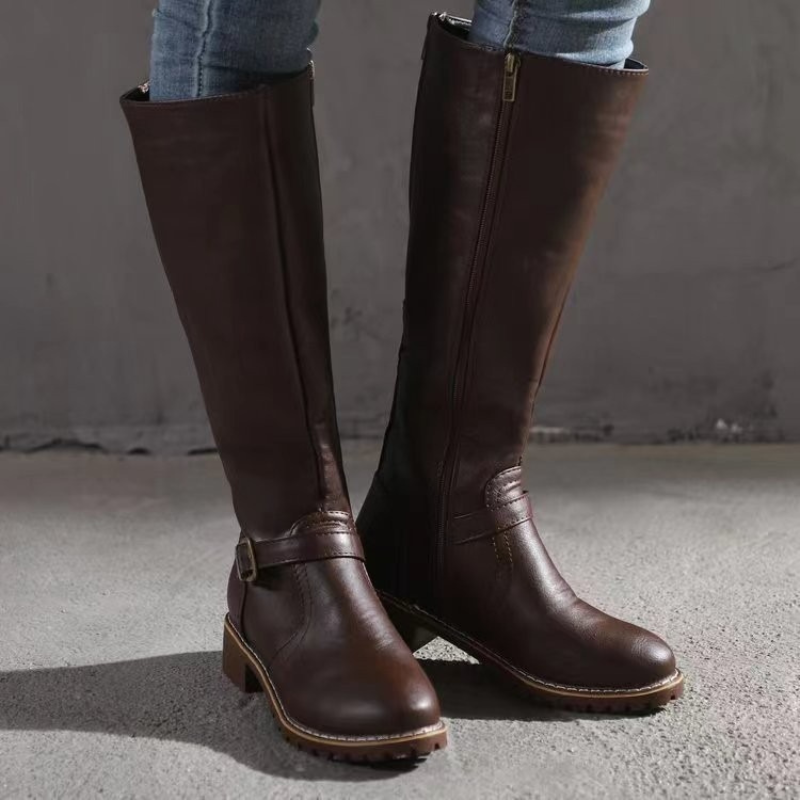 Faux Leather Knee-High Low Block Heel Boots