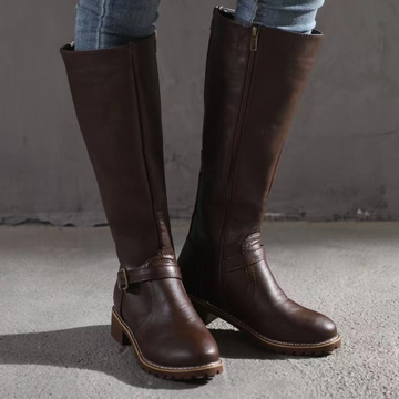 Faux Leather Knee-High Low Block Heel Boots