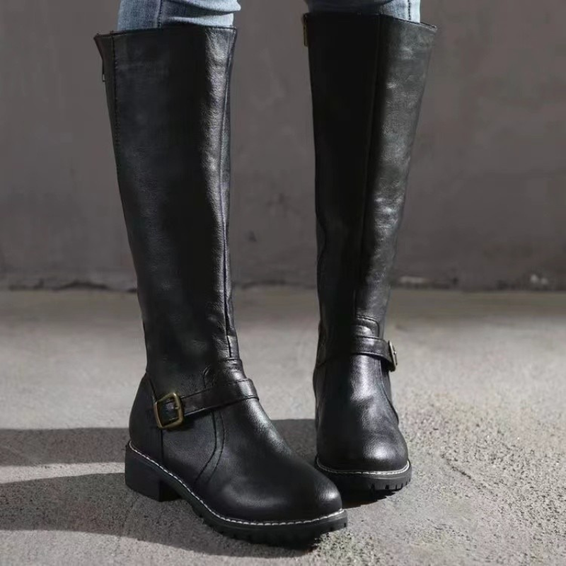 Faux Leather Knee-High Low Block Heel Boots