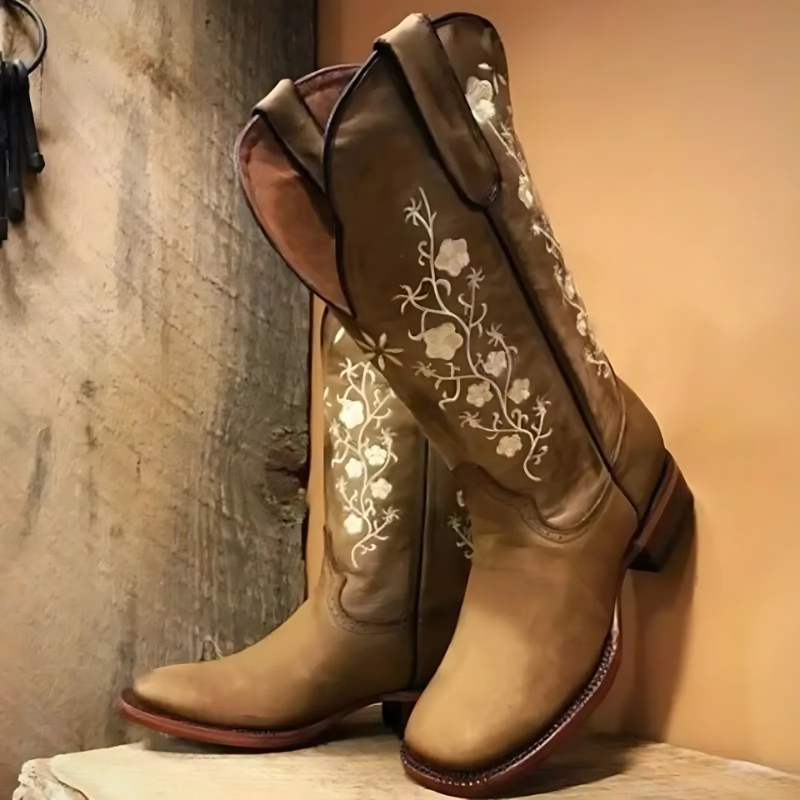 Floral Embroidered Mid-Calf Block Heel Boots
