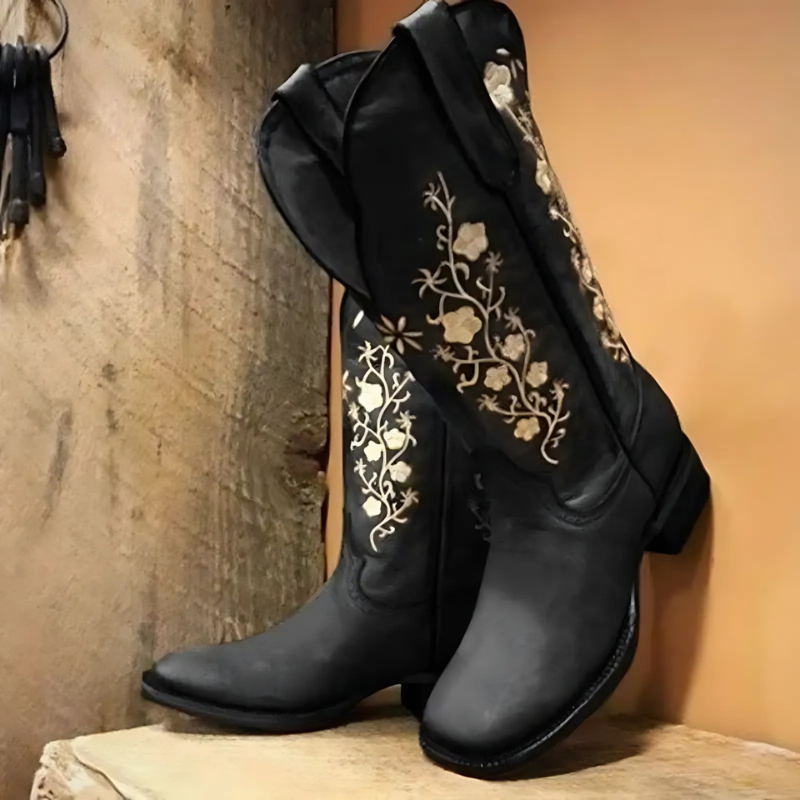 Floral Embroidered Mid-Calf Block Heel Boots