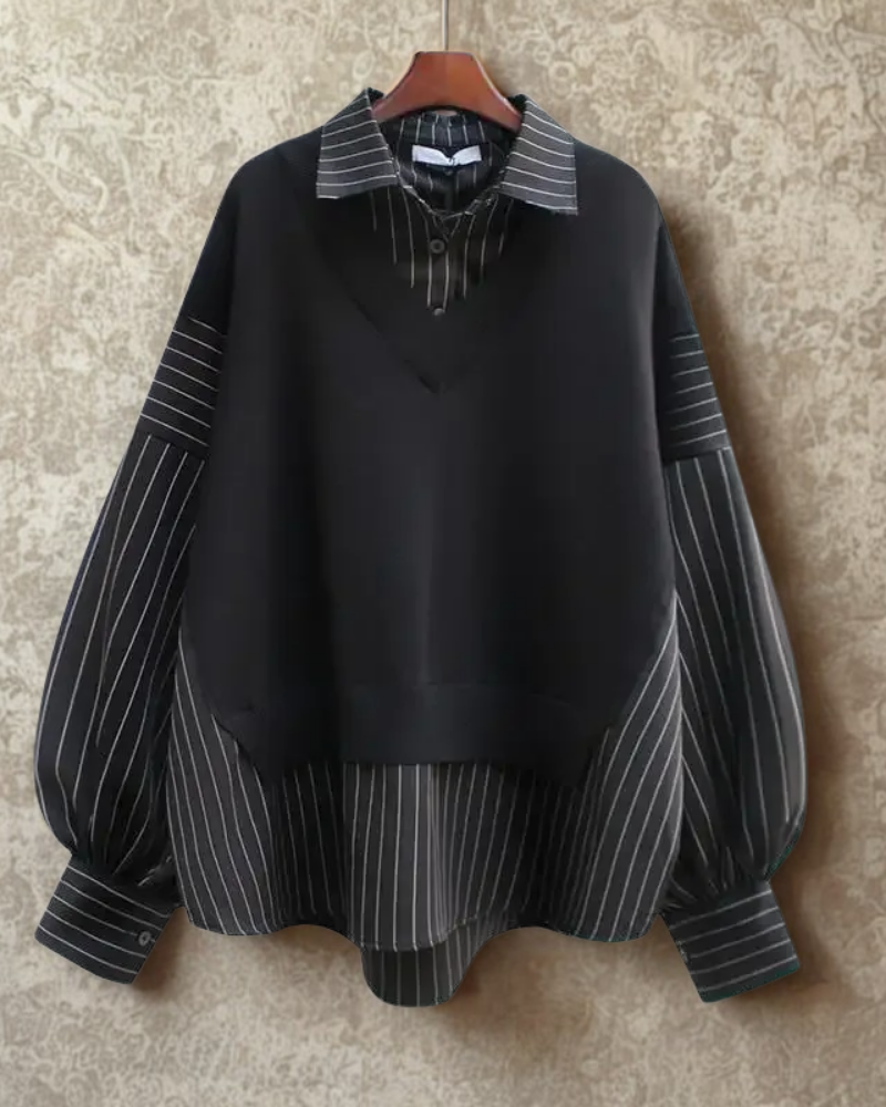 Knit Woven Oversized Balloon Sleeve Layered Sweatshirt