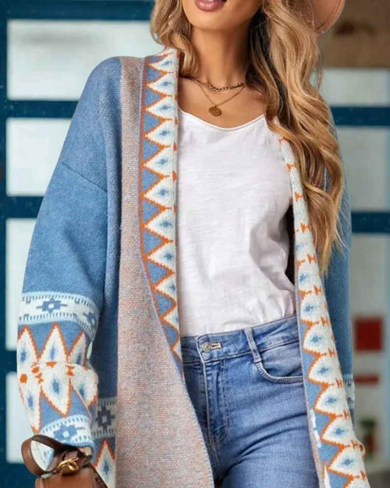 Knit Blend Longline Geometric Tribal Cardigan