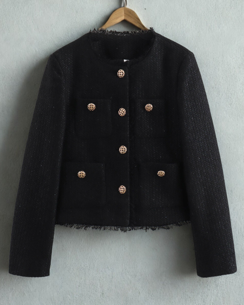 Textured Woven Cropped Metal Button Jacket