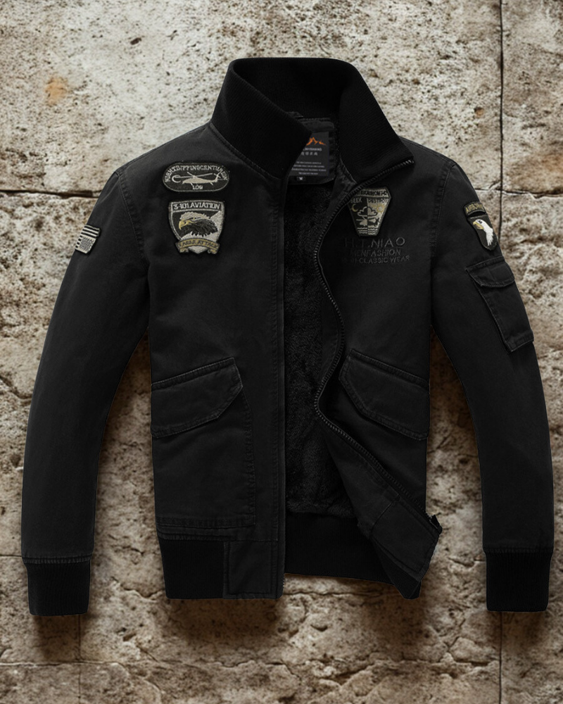 Plush Lined Embroidered Slim Fit Bomber Jacket