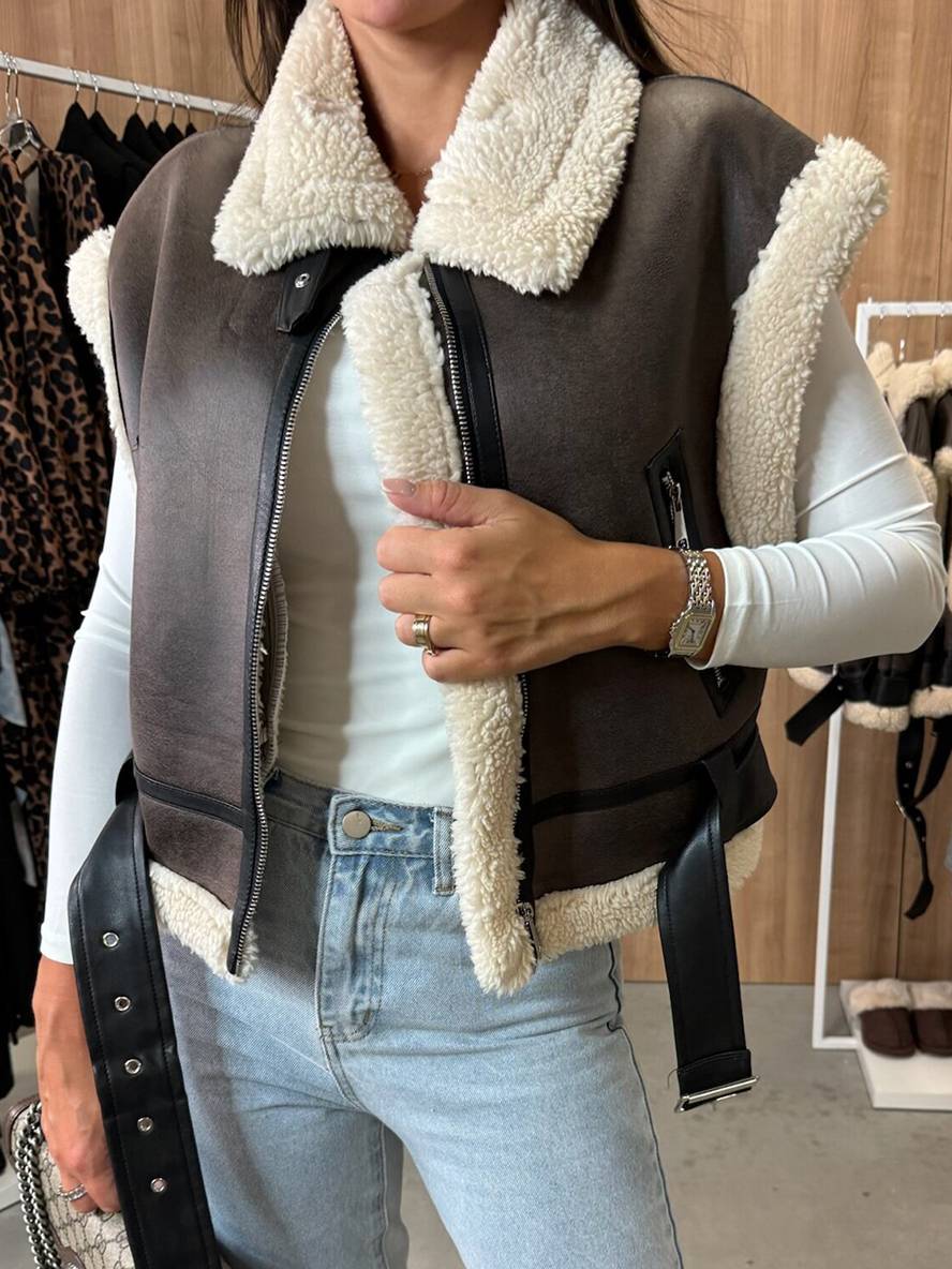 Faux Leather Notched Collar Belted Vest Jacket