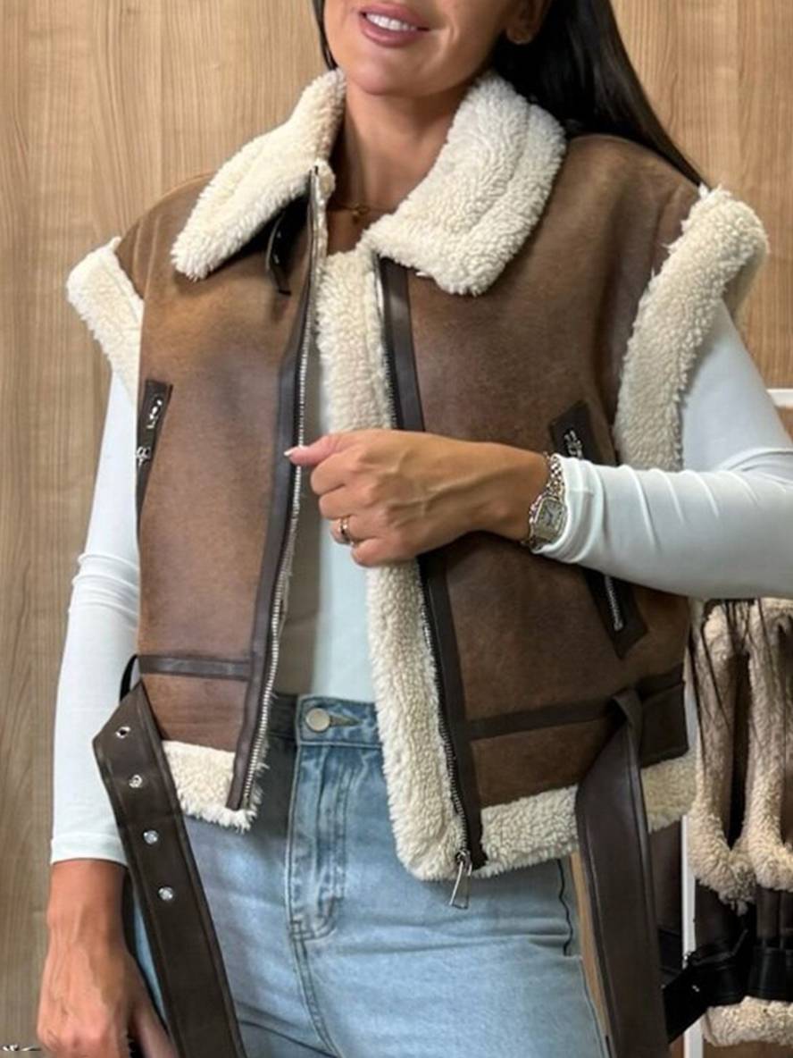 Faux Leather Notched Collar Belted Vest Jacket