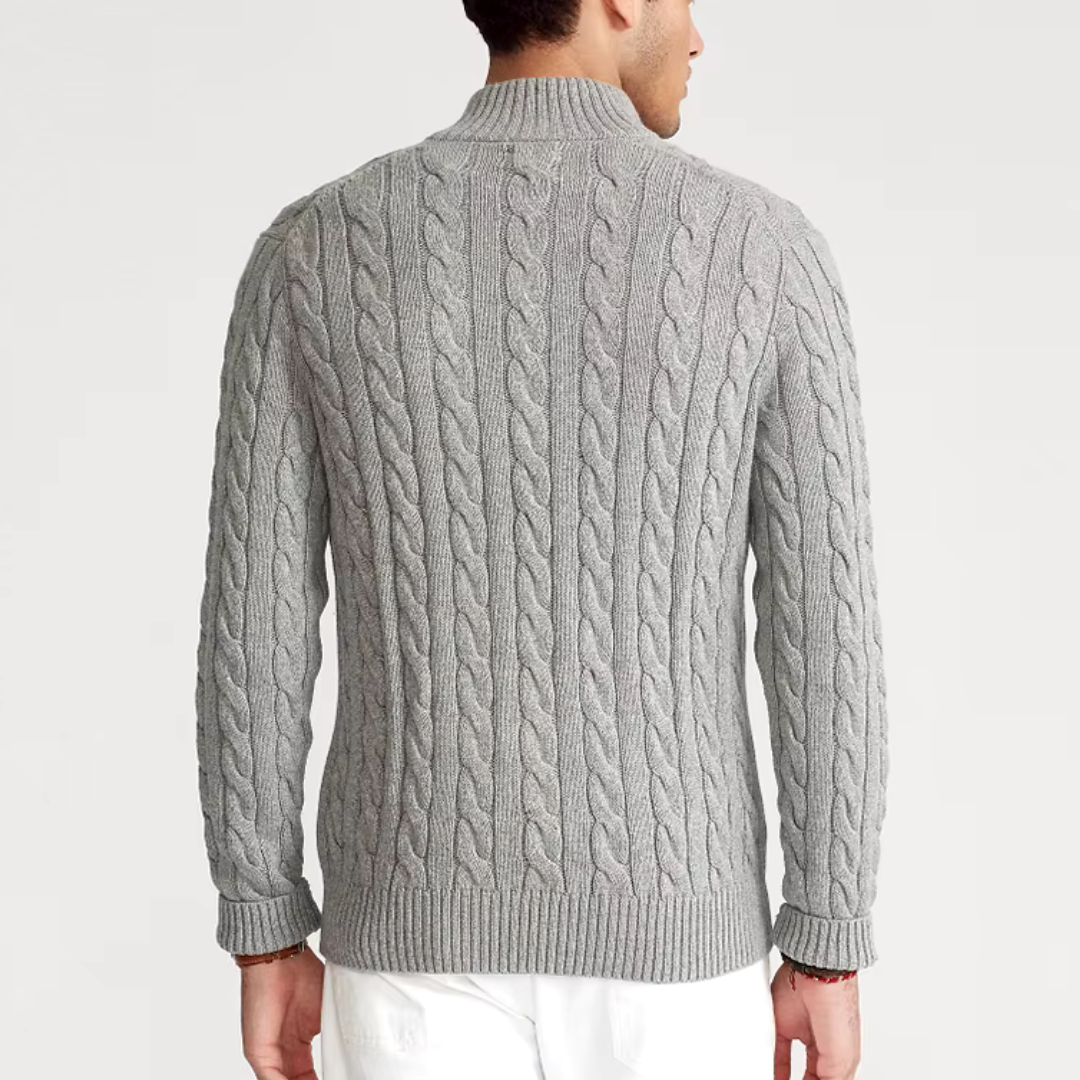 Herresweater med halv lynlås – Kabelstrik – Bomuldsblanding – Regular fit – Ribkanter