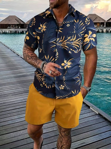 Herre Skjorte - Kortærmet Letvægts Hawaiiskjorte - Afslappet Pasform - Blomstermønster
