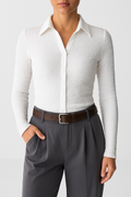 Women's Blouse – Slim Fit – Textured Fabric – V-Neck Button Closure – Long Sleeves
